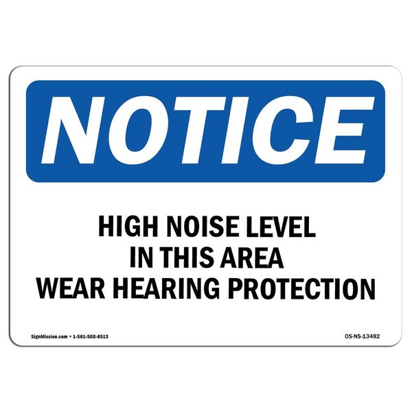 Signmission OSHA Sign, High Noise Level In This Area Wear Hearing, 18in X 12in Decal, 18" W, 12" H, Landscape OS-NS-D-1218-L-13482